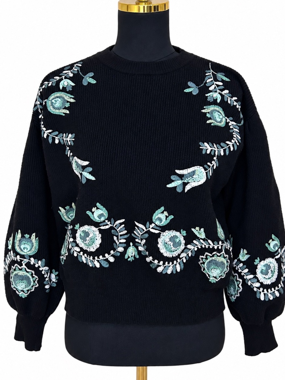 Elie Tahari M Black Embroidered Floral Sweater Balloon Sleeve
